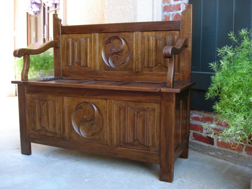   Vintage English Carved Oak Hall Bench Hope Chest Blanket Box Settee