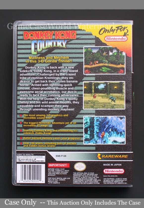   Kong Country Super Nintendo Custom Game Case DKC *NO GAME*  