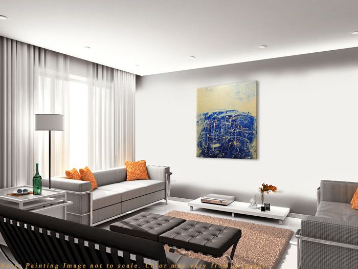 Huge Modern Metallic Blue White Abstract Painting by Anna K  