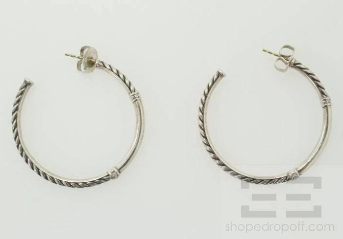 David Yurman Sterling Silver Small Diamond Metro Hoop Earrings  