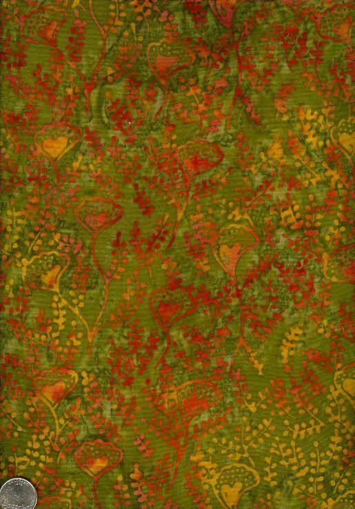 Gingko Leaves in Orange Yellow on Olive Batik Fabric  