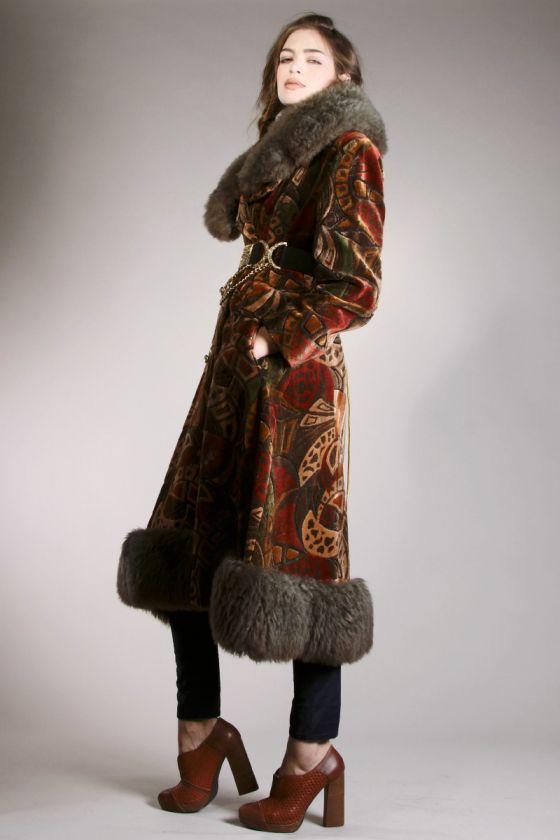   TAPESTRY PRINCESS COAT Vtg 70s Faux Fur Shearling Velvet Op Art Carpet