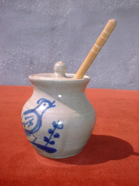 Stoneware Honey Pot with Lid Blue Decorated Bird  