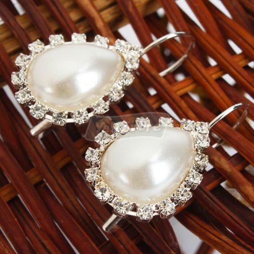 New Faux Pearl Rhinestone Water Drop Earrings Silver  