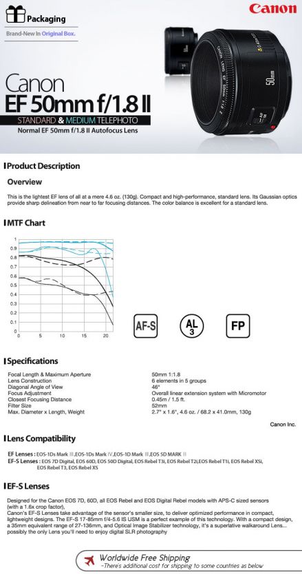 Canon] EF 50mm f/1.8 II Lens for 550D 600D 60D 7D Rebel XSI T1i T2i 