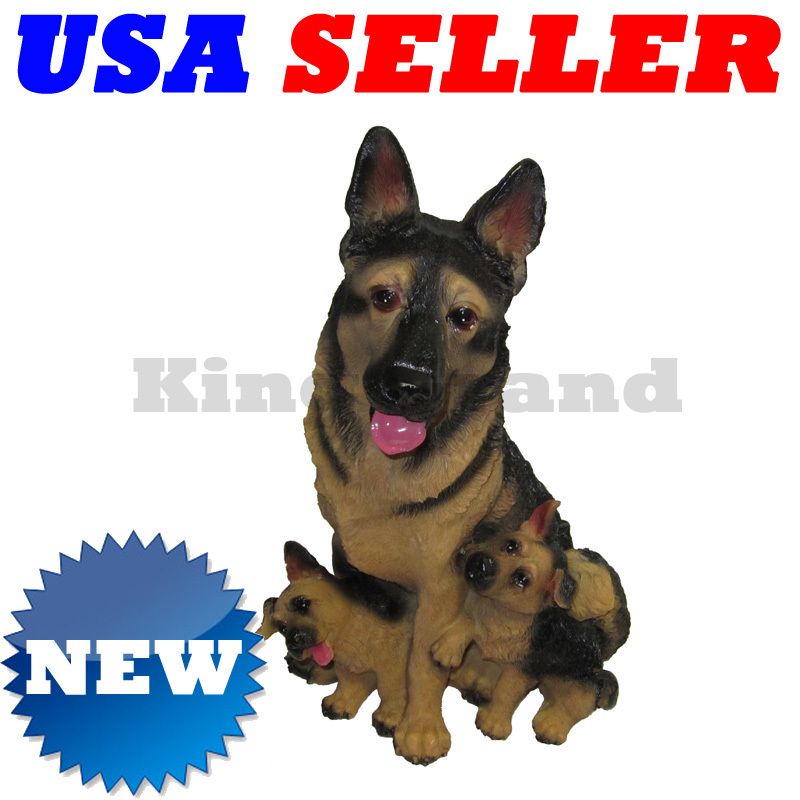 German Shepherd Dog w/ 2 Puppies Resin Statue Figurine  