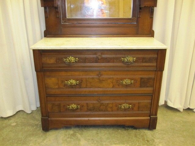 1800s Burl Walnut Marble Top Tall Dresser Lamp Shelfs  