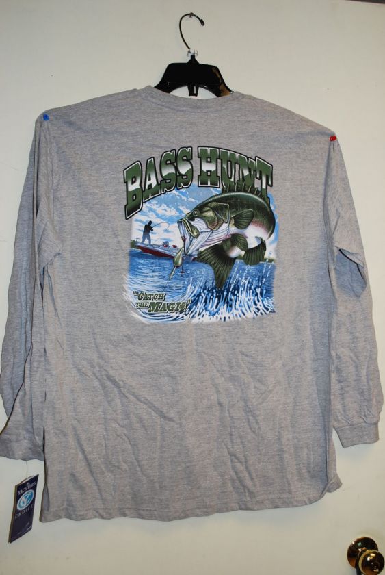 Mens Large Long Sleeve T shirt w/ pocket BASS HUNT fishing New w 