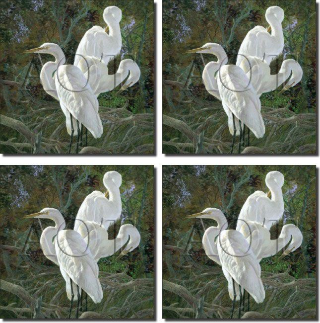Binks Wildlife Egret Bird Ceramic Accent Tile Set Art  
