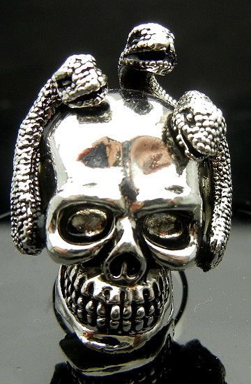 TL148 Big 3 Snakes Skull Punk Rock Gothic Biker Cuff Ring  