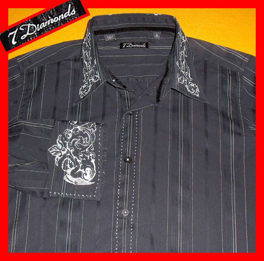 EMBROIDERED BLACK TONAL PINSTRIPE S 7 DIAMONDS MENS SHIRT  