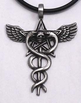 Caduceus skull star pentagram Pewter pendant/Key chain  