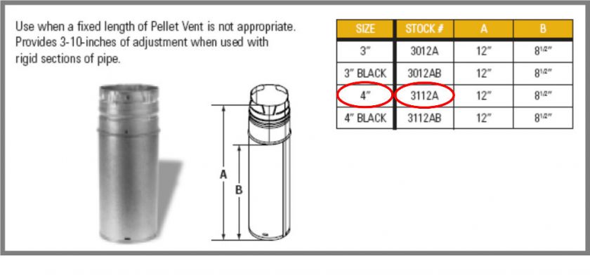 Simpson DuraVent 4” x 12” Adjustable Pellet Vent Pipe  