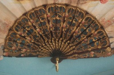 RARE ANTIQUE LACE SILK SIGNED HND PTD GILDED STAVES FAN  