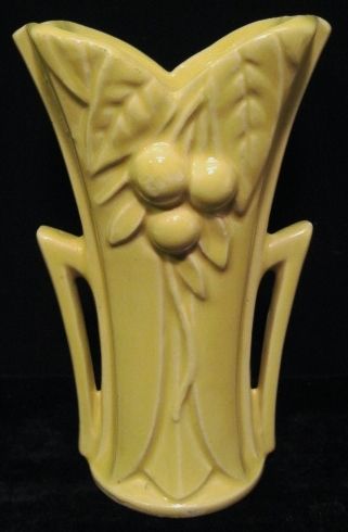 VINTAGE MCCOY POTTERY ART DECO VASE~LEAF BERRY CHERRY~POINTED HANDLES 