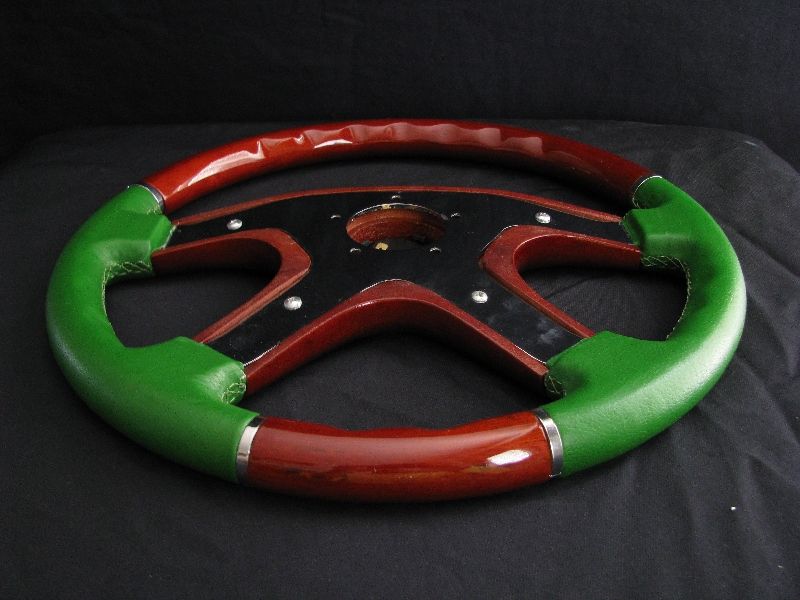 NEW 15 GREEN LEATHER WOOD GRAIN STEERING WHEEL  