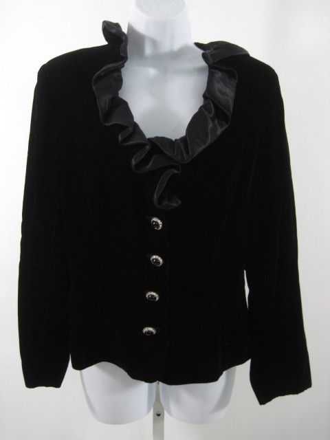 BILL BLASS Black Velvet Satin Ruffle Button Blazer  