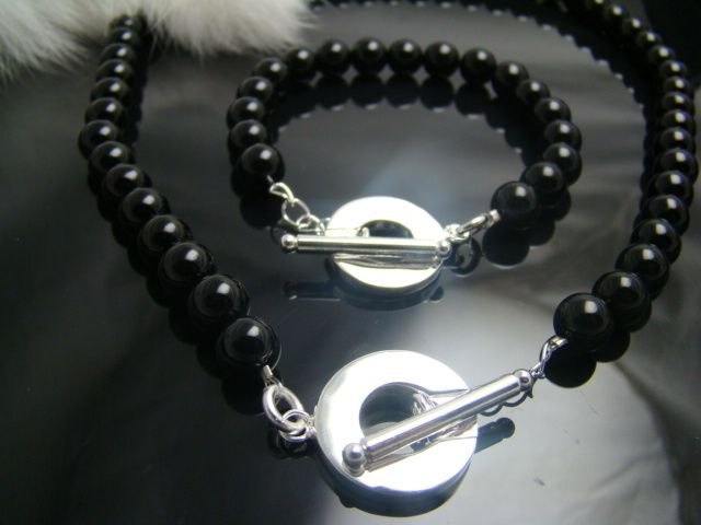 J331 SILVER PLATED 8MM BLACK PEARL BRACELET+NECKLACE  