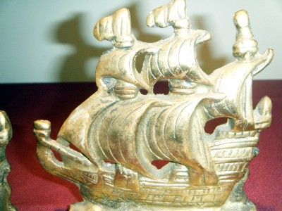 VINTAGE BRONZE BOOKENDS   GALLEON SHIPS SAILBOAT  