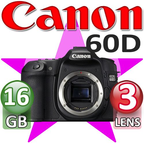   EOS 60D 18 55mm Digital SLR Camera Kit 3 Lens 16GB Bundle   Brand New