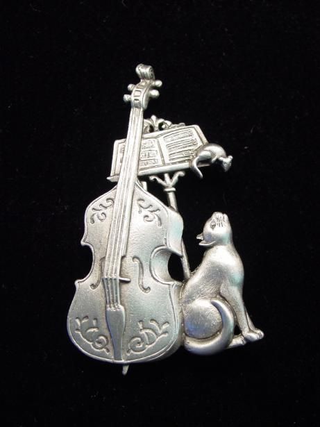 JJ Silver Pewter Cello * CAT * Mouse Music Pin  