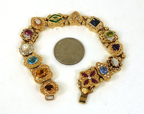 BEAUTIFUL 14K GEMS & DIAMONDS SLIDE CHARM BRACELET W/ 14 CHARMS  