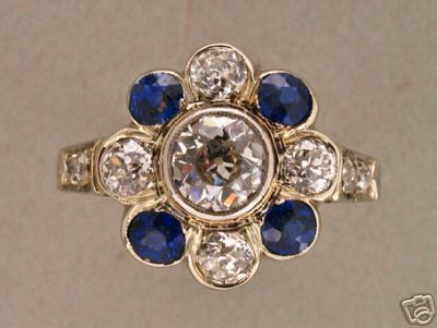   PLATINUM 1920’s EUROPEAN CUT DIAMOND & SAPPHIRE 14K GOLD RING  