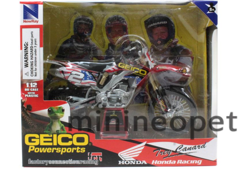 NEW RAY GEICO 2010 HONDA CRF 250R DIRT BIKE #2 1/12 TREY CANARD  