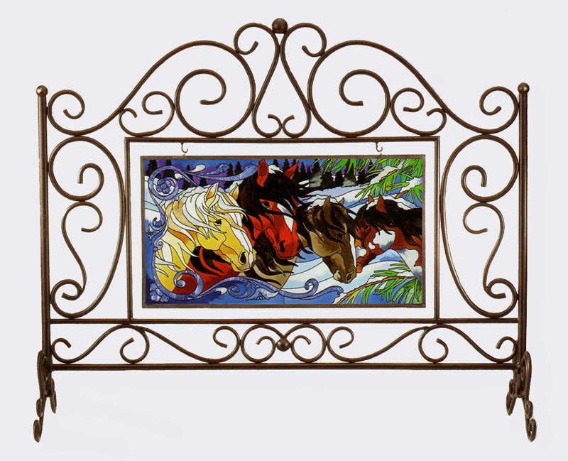 HORSES PORTRAIT STAINED GLASS FIREPLACE SCREEN w Panel  