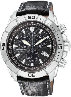 Mens New Citizen Eco Drive Chronograph AT0810 12E Black Leather SteeL 