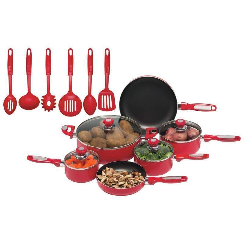   Red ALUMINUM NON STICK COOKWARE & UTENSIL SET POTS PANS GLASS LIDS NEW