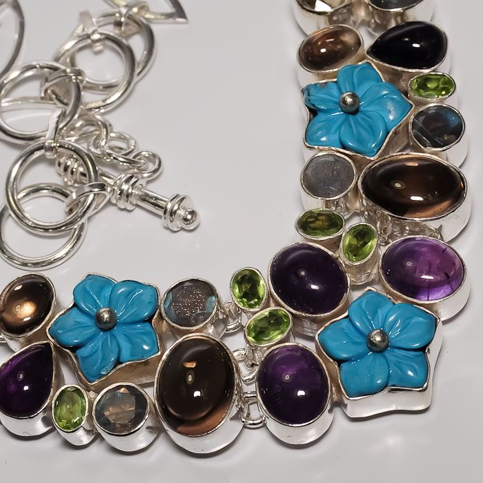   TURQUOISE FLOWER , MULTI GEM STONES .925 SILVER NECKLACE 18  