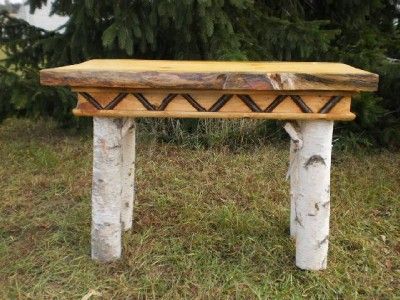 Birch Bark & pine slab large side table #323014 adirondeck lodge cabin 