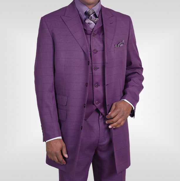 Mens 3 piece 4 Button Fancy Polyester Suit with Vest Plum Color 9515 