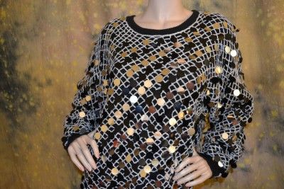 vtg 80s ULTRA GLAM silver DISC sequin SWEATER mini LeGGy M  