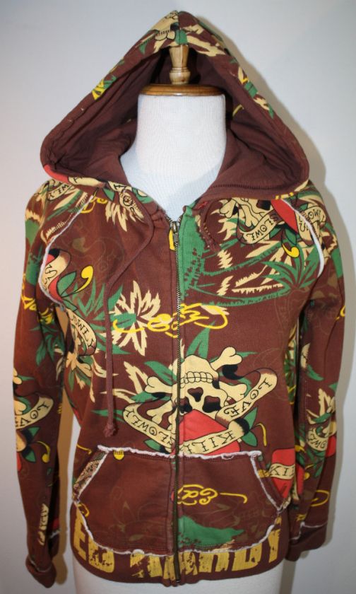 ED HARDY Brown Love Kills Slowly Hoodie Jacket L  