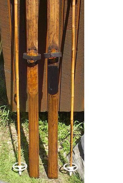 VINTAGE Wooden 83 Skis w/ POINTS + Bamboo Ski Poles  