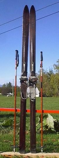 Vintage Set Antique Wooden 80 Skis with Bamboo Poles  