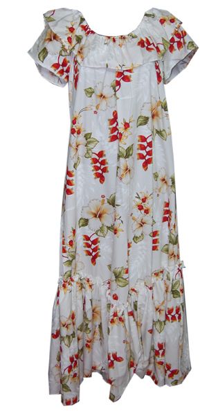 Hawaiian Long Traditional Muumuu White Flower Ruffle Dress S,M,L,XL 